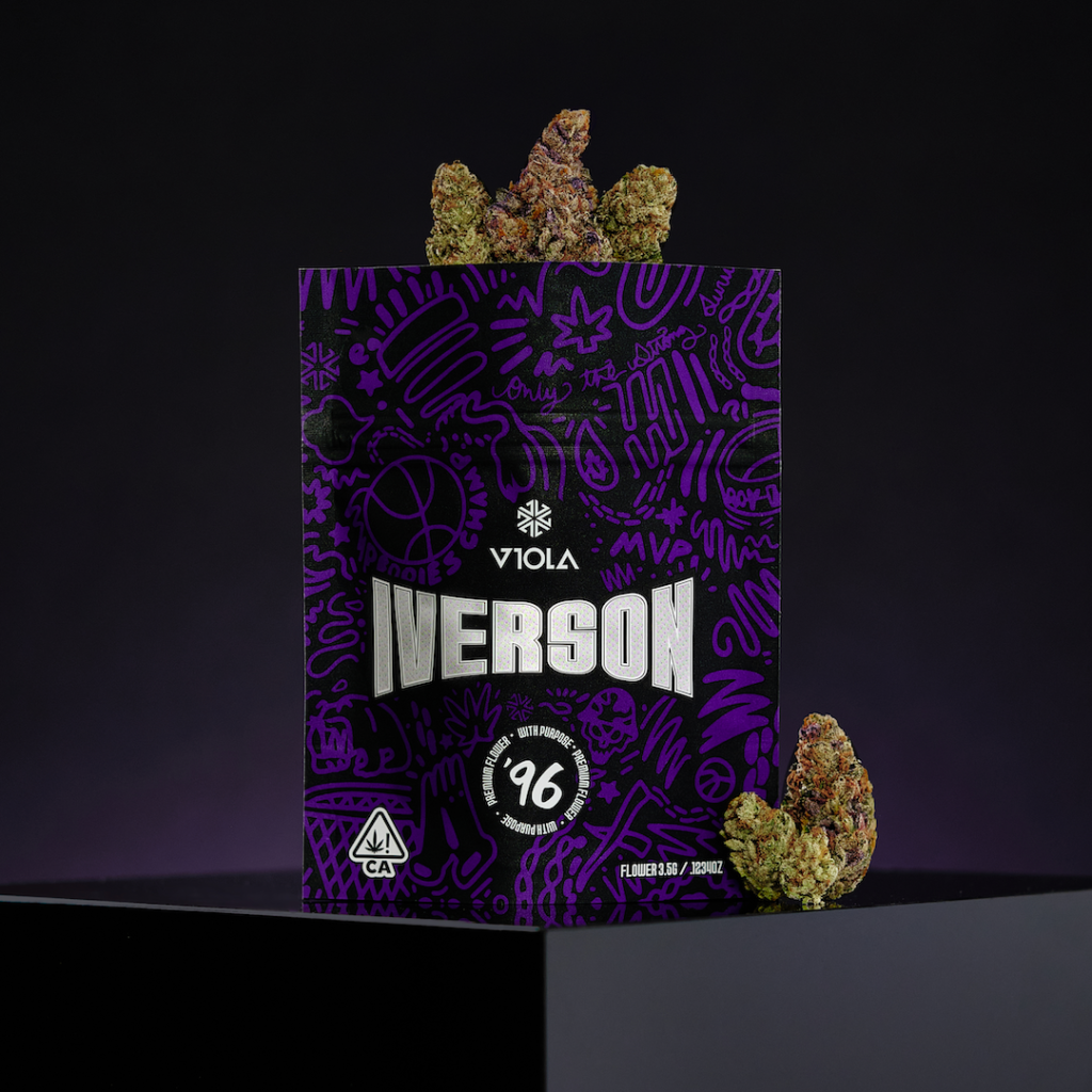 photo of Iverson 96 cannabis and purple packaging that reads "Iverson"