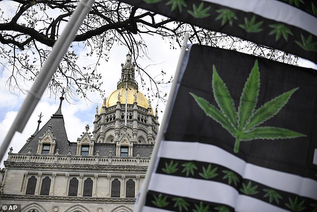 File photo of marijuana leaf wave flag outside Connecticut State Capitol