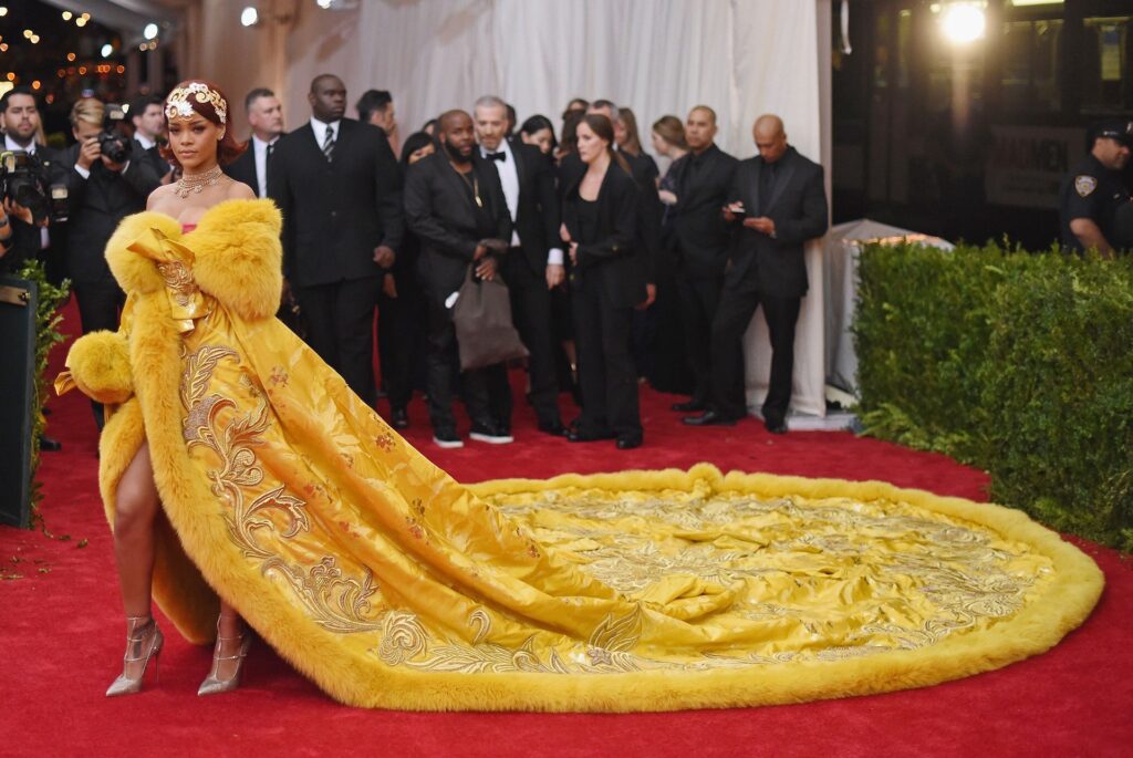 Rihanna in a golden gown at the 2015 Met Gala