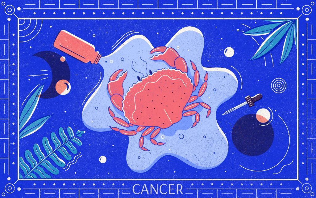 Illustration of a crab, leaves, and a tincture bottle on a blue background
