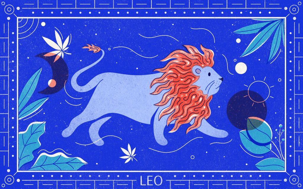 Illustration of a lion and leaves on a blue background