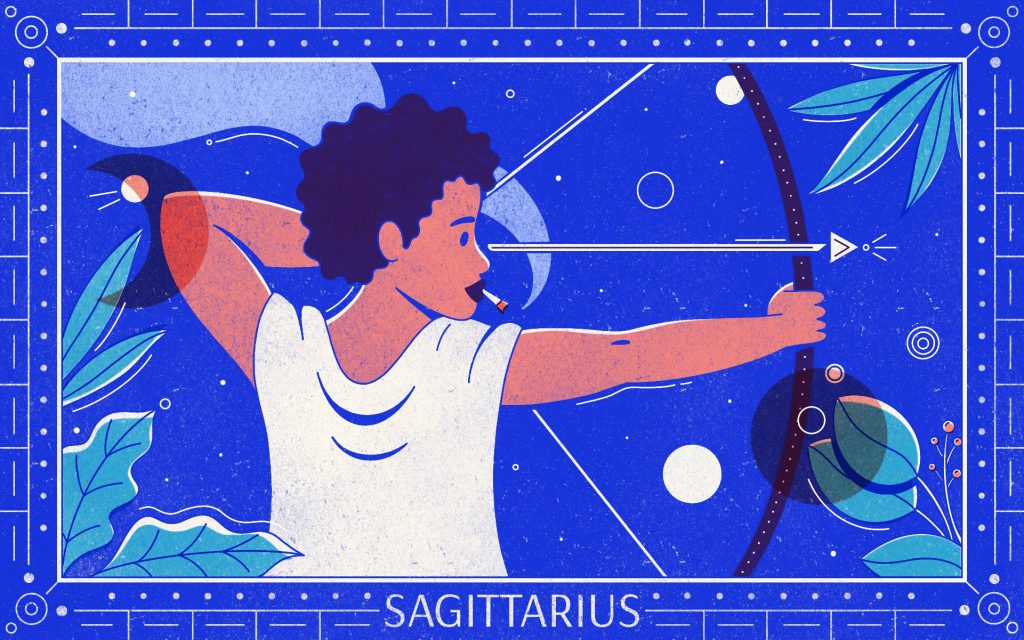 Illustration of an archer drawing an arrow with a joint in their mouth