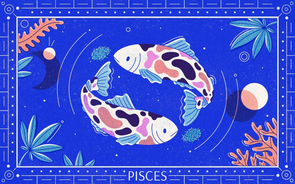 Illustration of two fish circling in blue pond