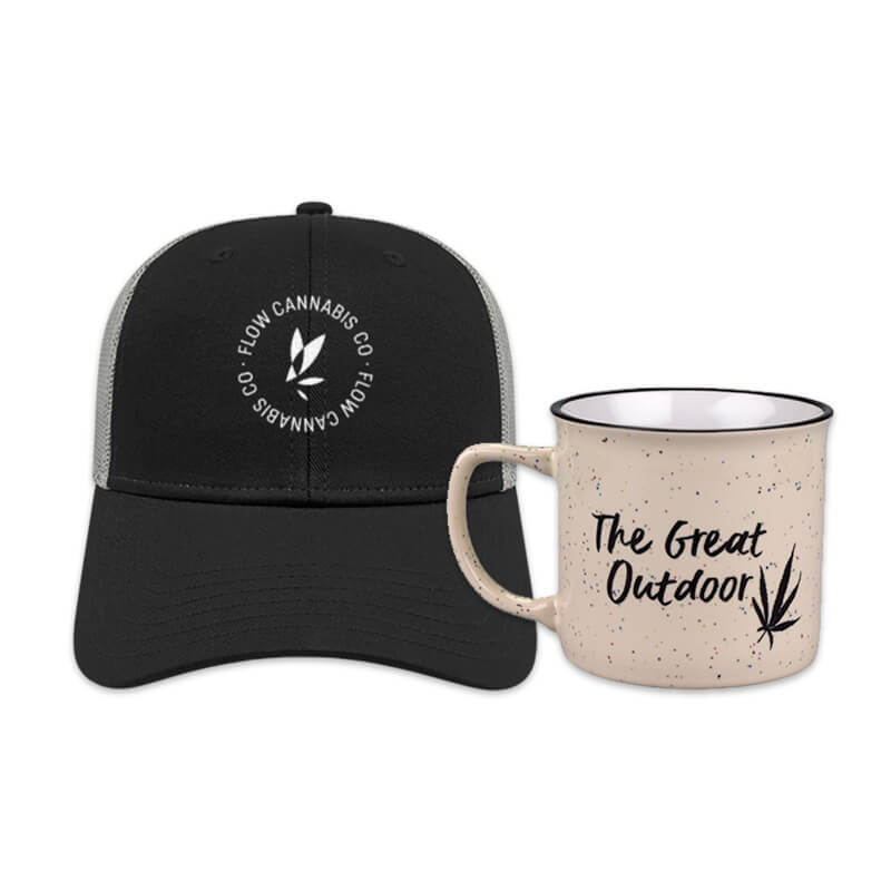 photo of black Flow Kana hat and mug