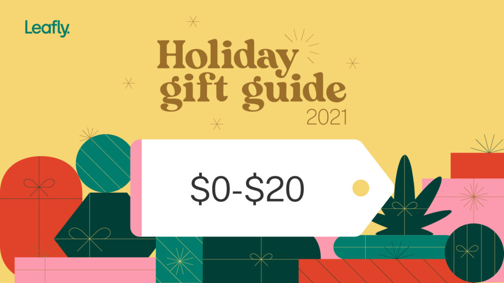 Holiday gift guide 2021 with $0-20 price tag over cheery gold gift background