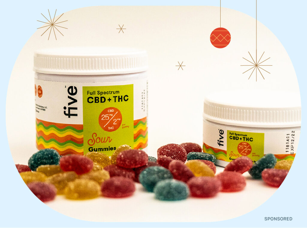photo of five Sour CBD+THC gummies on blue sponsored holiday background