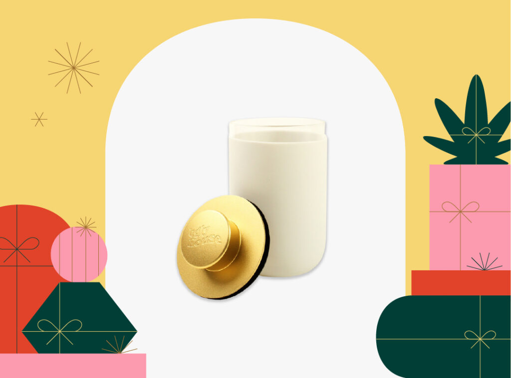 photo of Ugly House stash jar in white and gold on holiday background