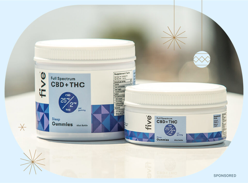 photo of five CBD+THC Sleep gummies on blue sponsored holiday background