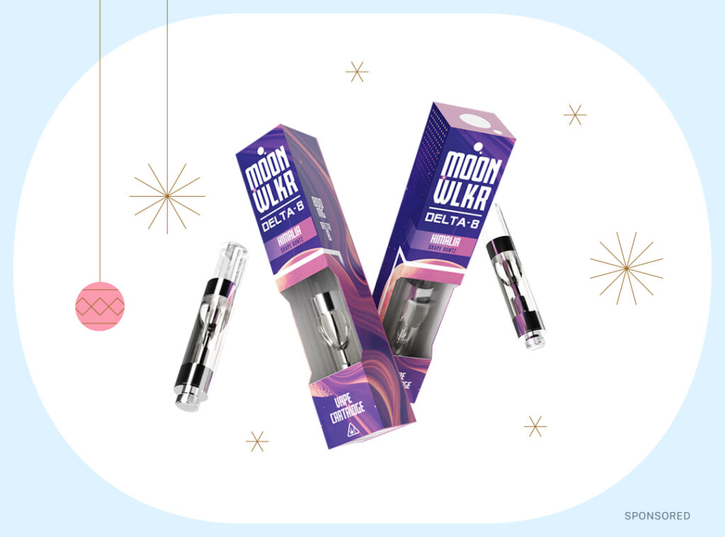 photo of Grape Runtz Himalia delta-8 vape cartridge on blue sponsored holiday background