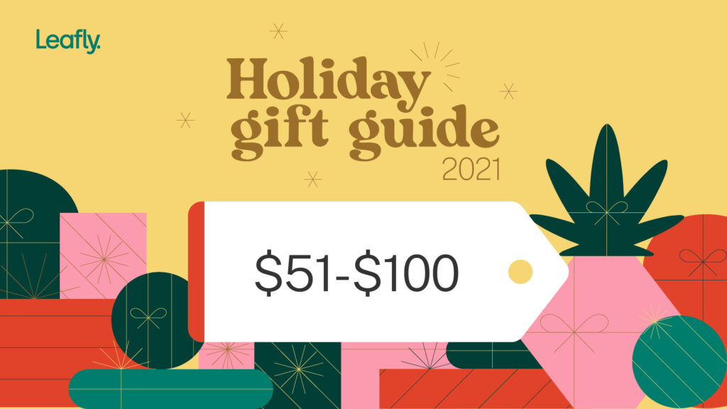 Holiday gift guide 2021 with $51-100 price tag over cheery gift background