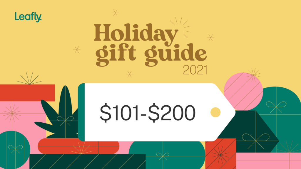 Holiday gift guide 2021 with $101-200 price tag over cheery gift background