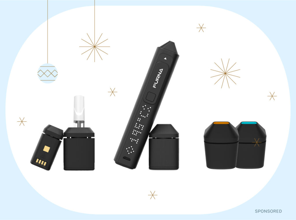photo of Furna vaporizer with concentrate oven on blue sponsored holiday background