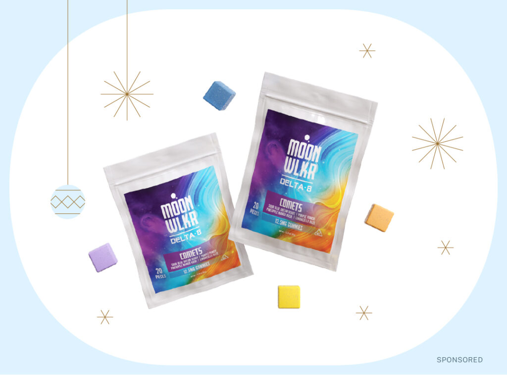 Photo of Moonwlkr Comets and Asteroids delta-8 gummies on blue sponsored holiday background