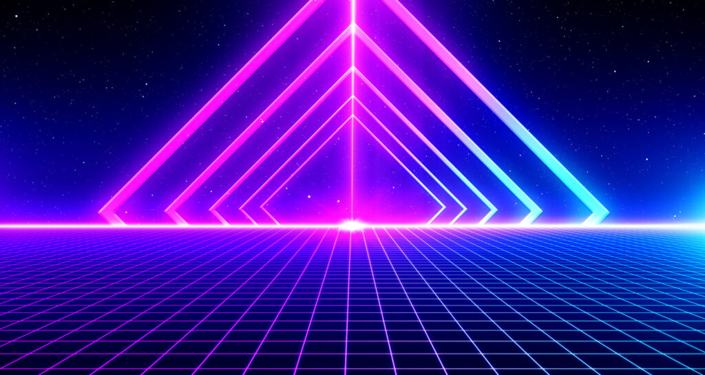Retro Sci-Fi Background Futuristic Grid landscape of the 80`s. Digital Cyber Surface. Suitable for design in the style of the 1980`s. 3D illustration