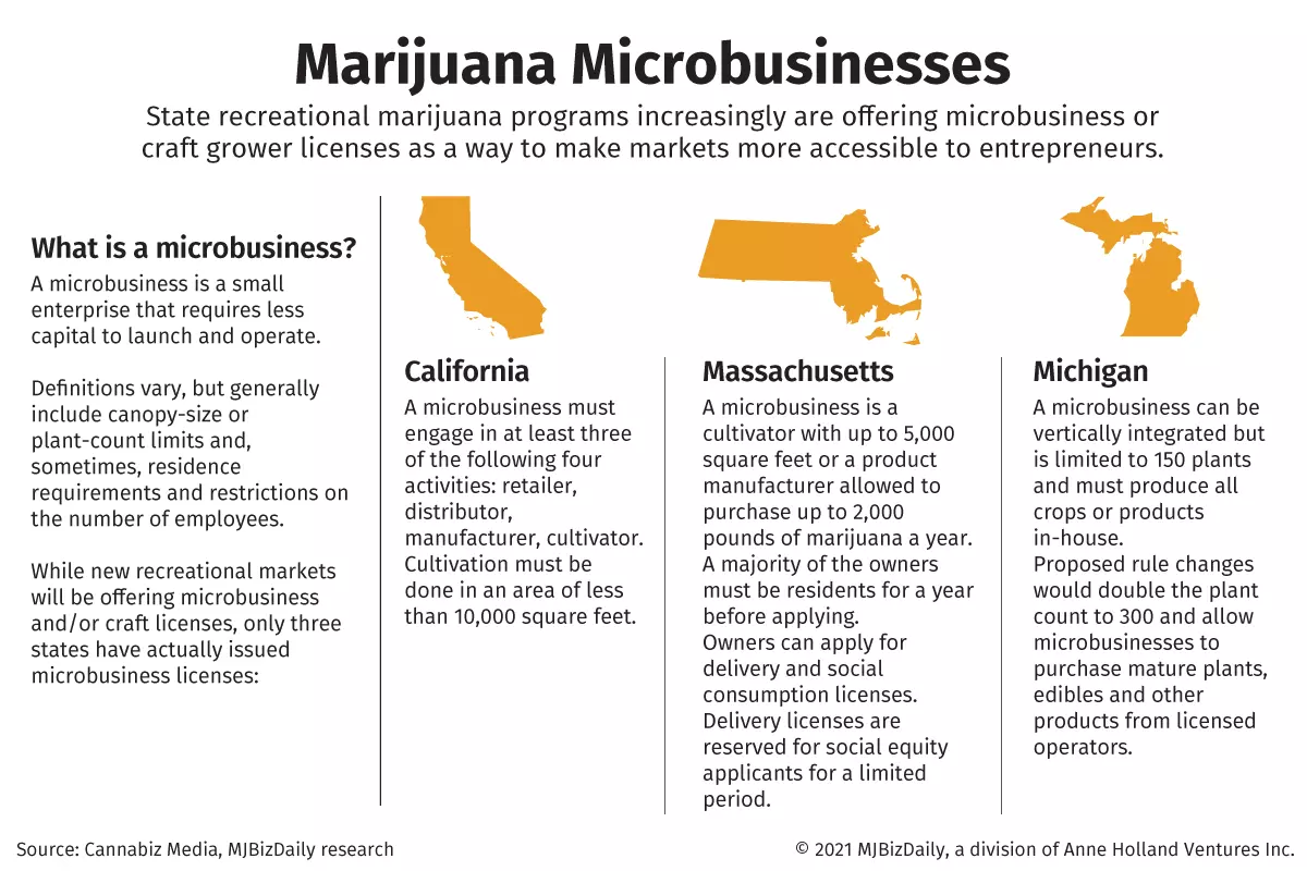 A table showing marijuana microbusiness rules in California, Massachusetts, Michigan.
