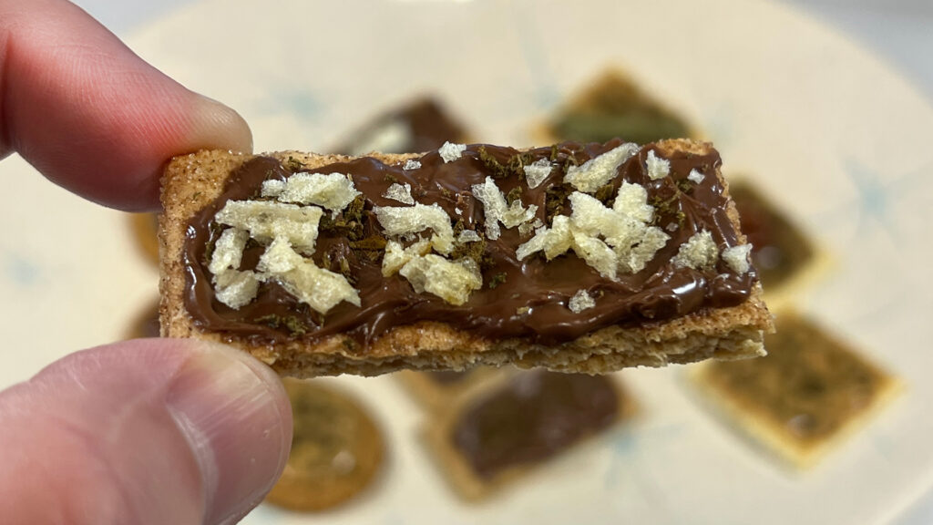 closeup photo of hand holding graham firecracker with hazelnut spread and potato chip sprinkles