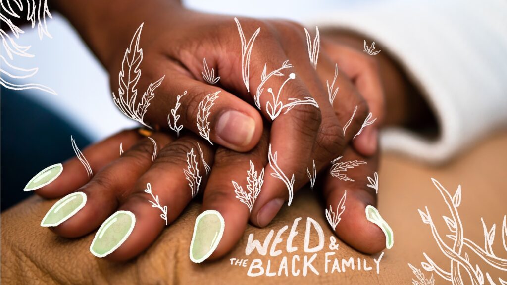 Image showing older and younger Black hands holding each other with white illustrations showing plant growth