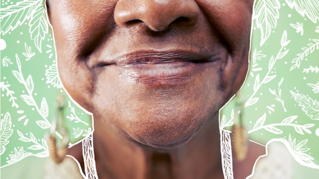 Photo of older Black woman with plant illustrations and green background