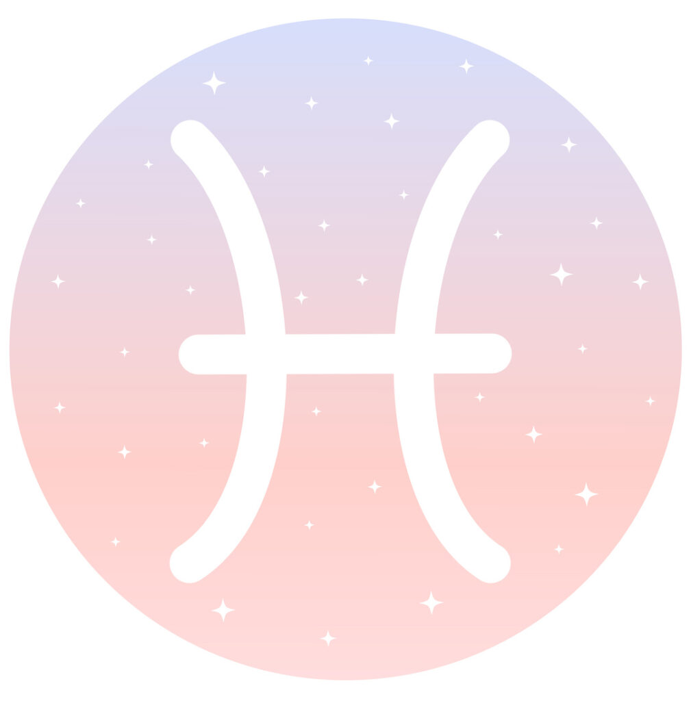 Pisces sign on sparkly pink and purple background