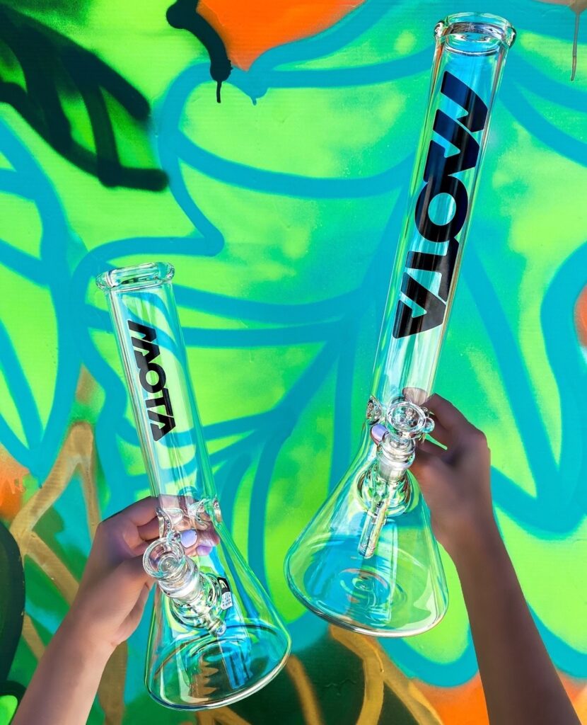 Mota bongs on bright green and blue background