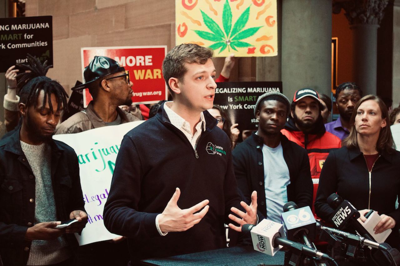 Kaelan Castetter, vice president of the New York Cannabis Growers and Processors Association addresses members of the media.