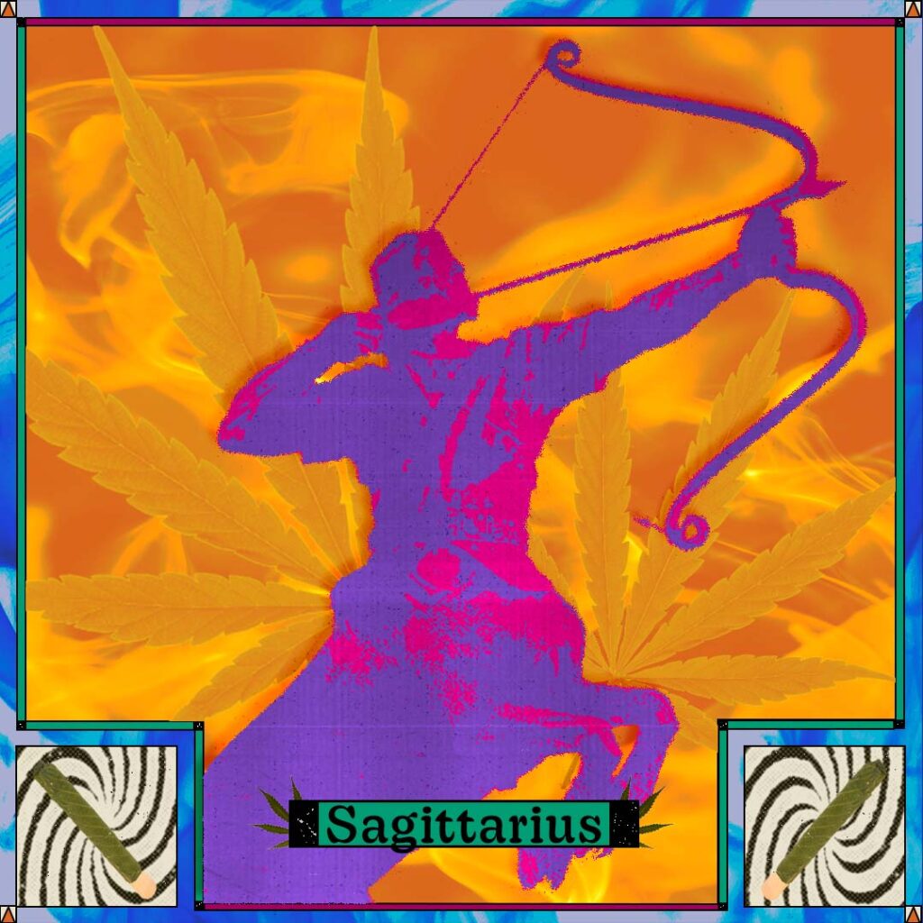 An hooved archer pulls a bow in front of a fiery orange weed background with palm blunts and the word "Sagittarius"
