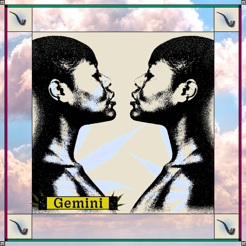 two women looking at each other confidently on sky background with pipes in the corners and the word "Gemini"
