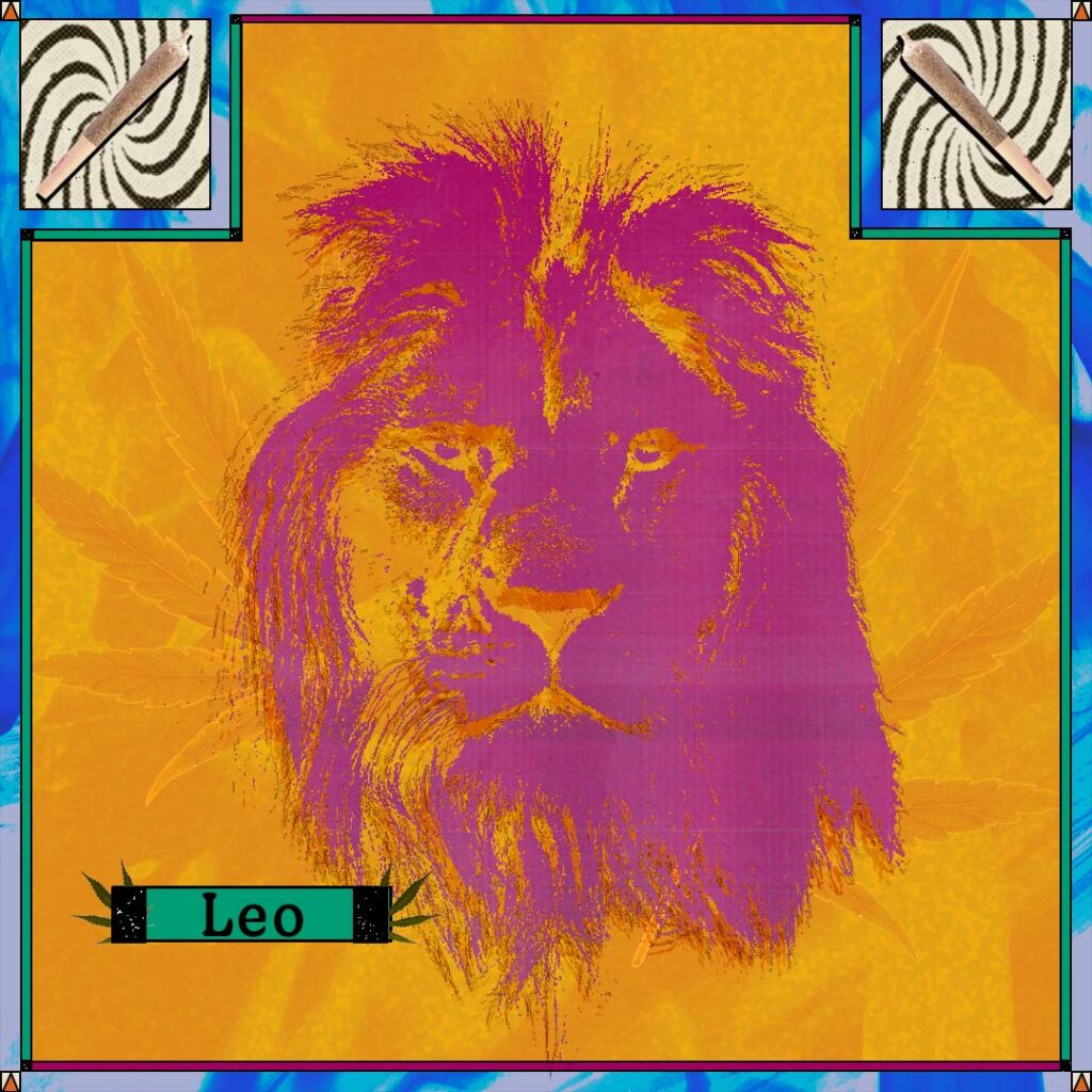 Pink lion and joints on orange psychedelic background with the word "Leo"